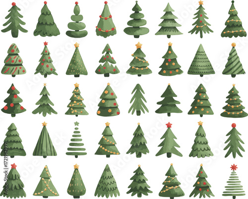 A versatile set of fifty different stylized Christmas tree illustrations. A large collection of decorated fir trees for festive design