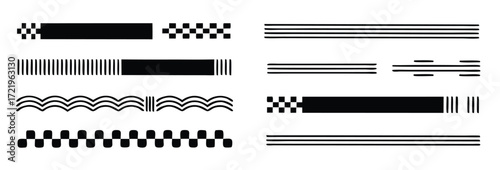 Dynamic black speed lines and racing flag design elements for automotive, sports, and fast-paced branding projects with a modern aesthetic 
