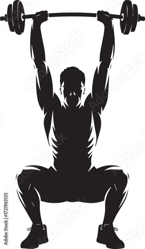 Fitness athlete silhouette performing weightlifting exercise with barbell overhead squat