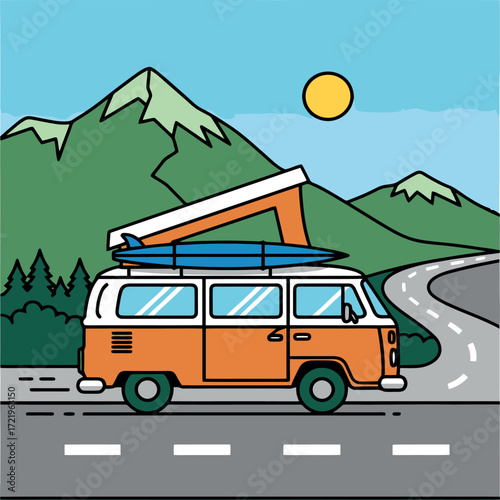 Vibrant illustration of a retro orange camper van with a surfboard on a mountain road, symbolizing freedom, adventure, and classic summer road trip exploration