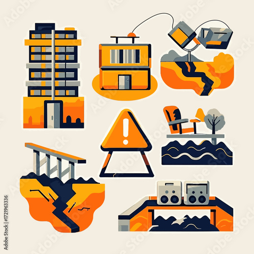 A set of modern flat vector illustrations depicting earthquake damage, seismic activity, and disaster-related icons.