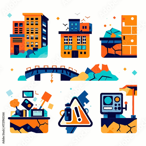 A collection of stylized illustrations depicting urban buildings, a bridge, and various objects, some appearing damaged or in disrepair, suggesting themes of...