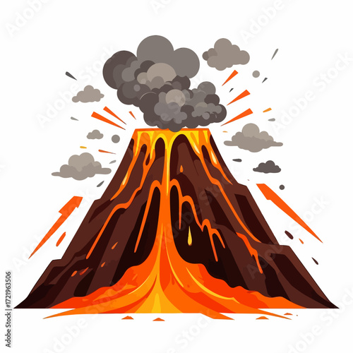 Cartoon illustration of a powerful volcano eruption spewing molten lava and dark smoke into the sky.