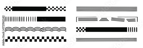 Dynamic black speed lines and racing flag design elements for automotive, sports, and fast-paced branding projects with a modern aesthetic 

