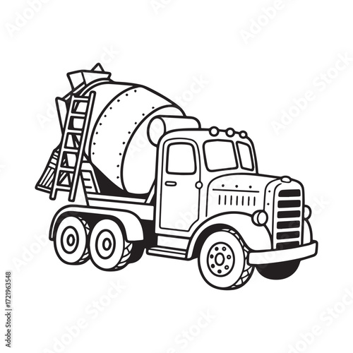 A black and white line art illustration of a vintage concrete mixer truck.