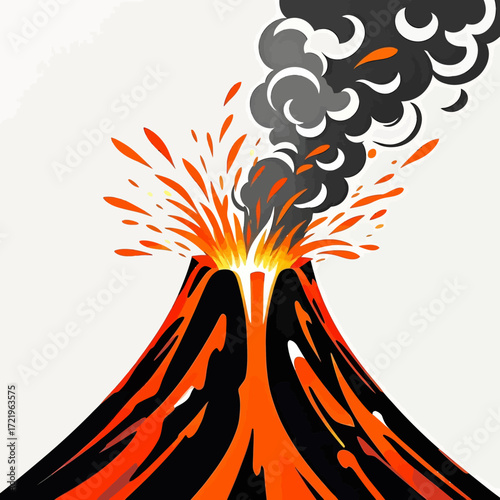 A vibrant illustration of a volcano erupting, spewing fiery orange lava and dark grey smoke into the air.
