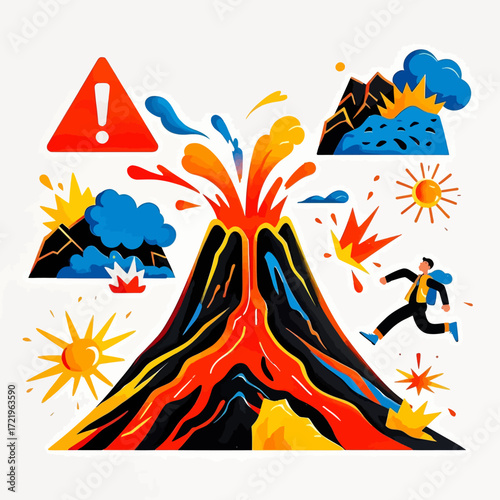 Dynamic illustration of a volcano erupting with lava and smoke, surrounded by various explosions, a warning sign, and a fleeing person.
