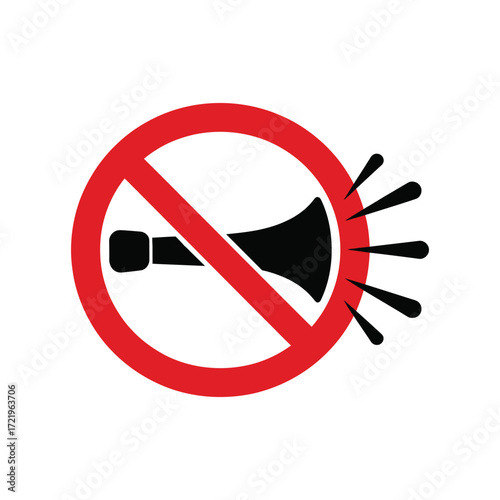 “No Loud Noise” symbol with megaphone and red prohibition circle—representing quiet zones, sound restriction, and behavioral control