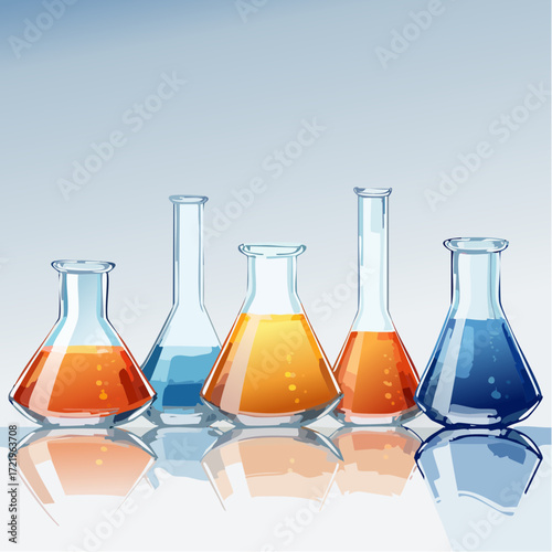 Vibrant chemistry beakers filled with colorful liquids, perfect for science presentations or medical illustrations, conveying research and innovation in a modern style