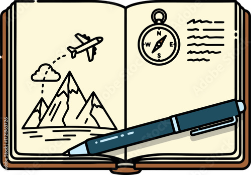 Hand-drawn illustration of an open travel journal depicting a mountain adventure plan with an airplane and compass sketch