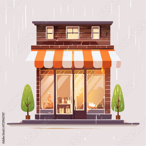 Charming storefront illustration with vintage awning on a rainy day, perfect for main street boutiques and family owned shops, offering warmth and character