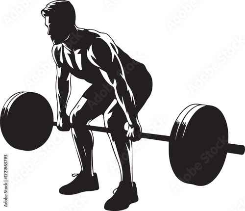 Strong fitness athlete silhouette performing a deadlift exercise with a barbell focused on strength training