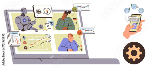 Robot tutor teaching online students via video call, showing performance charts, test results, and feedback. Ideal for education, technology, AI, virtual learning, analytics innovation modern