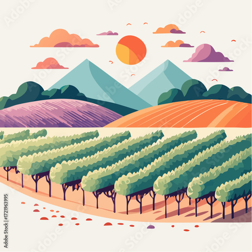 Tranquil vineyard landscape with rows of grapevines, distant mountains, and a warm sun for a serene, inviting feel, perfect for wine or travel promotions