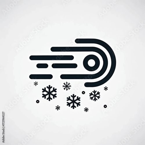 A black and white line art icon of a strong gust of wind blowing snowflakes, symbolizing a blizzard or cold winter weather.