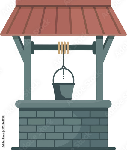 Traditional Stone Water Well with Bucket Vector Illustration