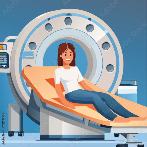 Smiling woman undergoing MRI scan for health assessment, embodying wellness and advanced medical technology for early detection and proactive healthcare solutions