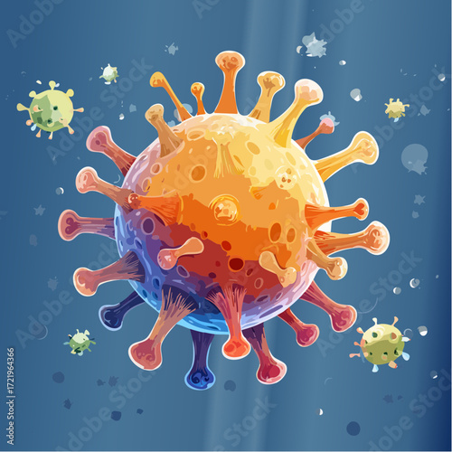 Detailed colorful virus illustration, perfect for educational or medical content, showing disease, infection, and contagion scenarios, ideal for science publications