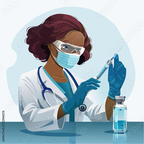 Dedicated African American doctor preparing vaccine shot with precision, wearing protective gear, showcasing healthcare professionalism and scientific advancement