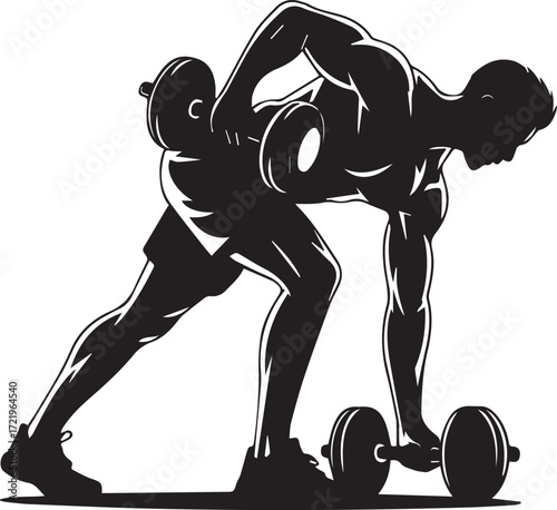 Athletic man silhouette lifting dumbbells focused on muscular strength training workout
