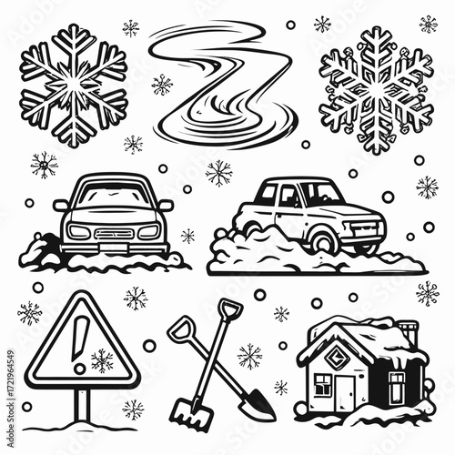 A set of black and white illustrations showing various winter scenes with cars stuck in snow, a snow-covered house, shovels, and snowflakes.