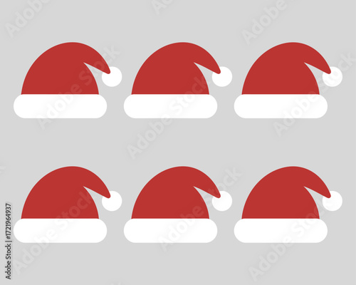Six festive red and white Santa hats arranged in a symmetrical pattern on a plain light gray backdrop, perfect for holiday designs