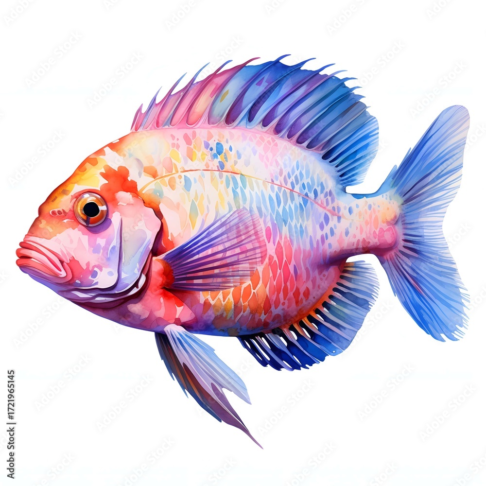 Fototapeta premium The illustration shows a single fish with bright pink, orange, yellow, and blue watercolor scales and fins against a white background.