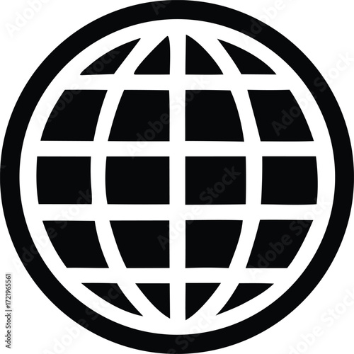 Bold black and white globe icon represents global connection and internet communication world wide web symbol digital network concept