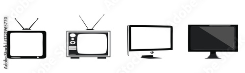 Vector art of a collection of television icons showcasing the evolution of tv technology 
