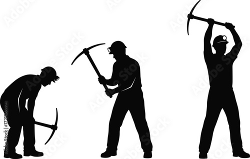 Silhouette, miners, pickaxe, helmet, underground, labor, mining, work, industrial, coal, excavation, teamwork, tools, digging, effort, shadow, black, worker, energy, silhouette