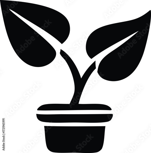 Simple silhouette icon of a potted plant with two leaves growing upwards representing growth nature and organic elements