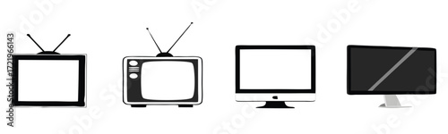 Vector art of a collection of television icons showcasing the evolution of tv technology 
