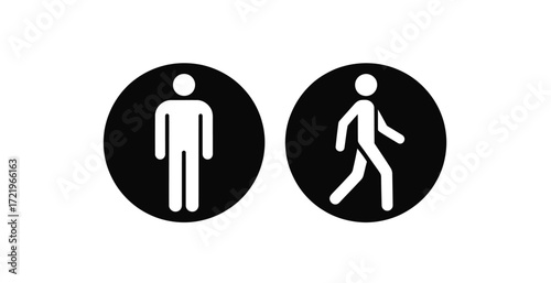 Black circular icons of standing and walking stick figures—minimalist pedestrian symbols for signage, movement, public space, or wayfindingPri 
