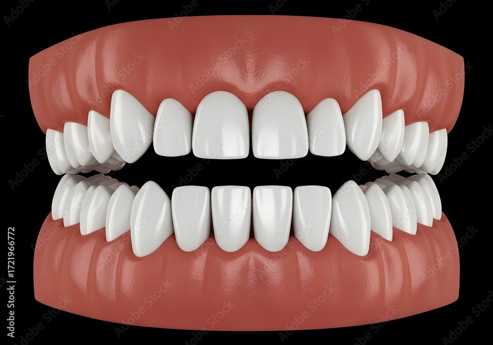 Obraz premium Close up view of a set of teeth with pink gums on a black background showing dental anatomy model
