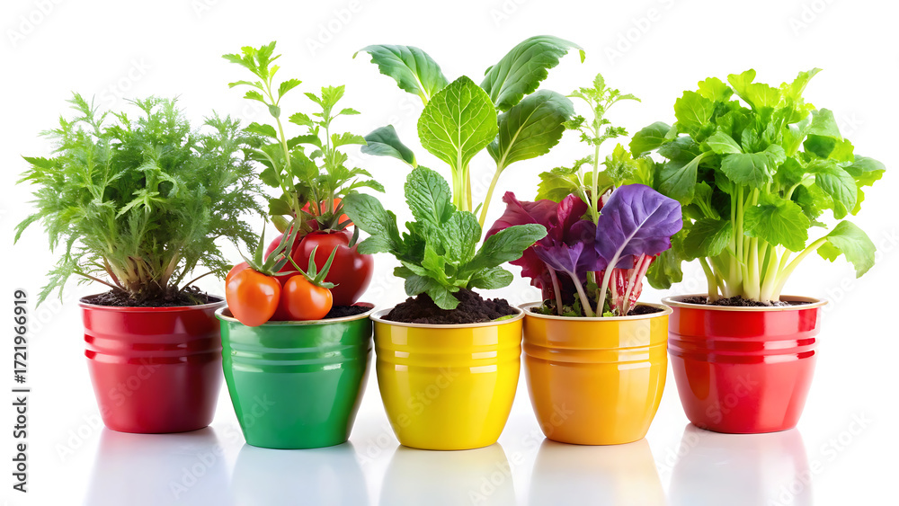 Fototapeta premium Fresh vegetable plants in decorative colorful pots on white background