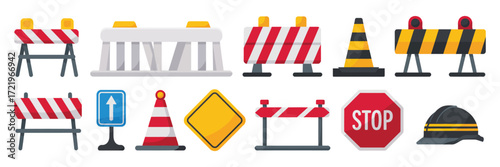 Traffic road repair barrier vector set with safety barricades construction fences warning signs for urban planning and safety projects