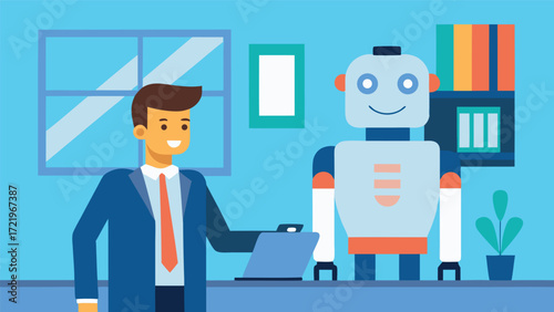 A businessman works alongside a friendly robot in a modern office, showcasing the integration of technology and human collaboration