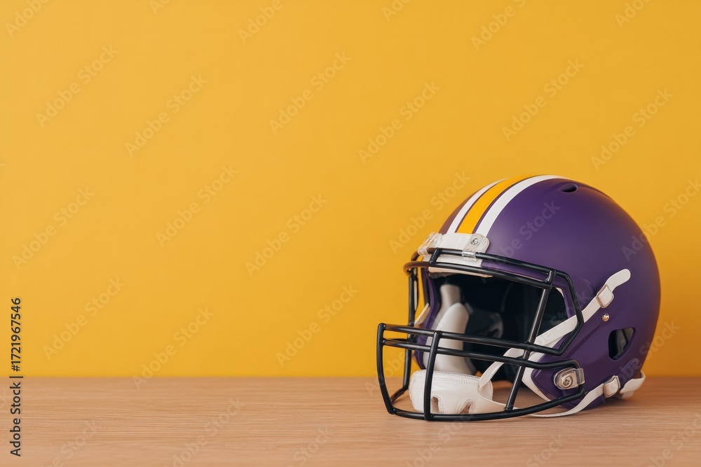 Fototapeta premium Purple football helmet against vibrant yellow background, emphas