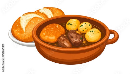 Stew with bread and potatoes