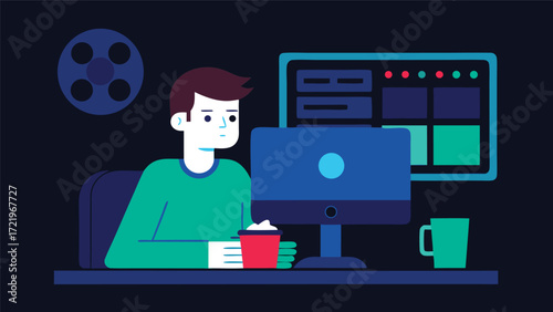 Man working late at night on computer, editing video with a cup of coffee and popcorn isolated on white background