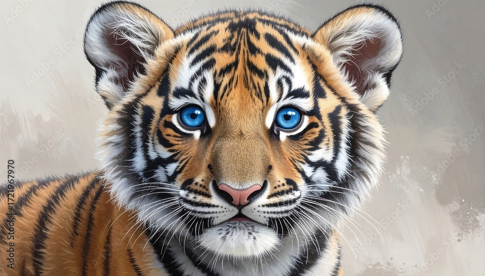 Fototapeta premium Digital art of a tiger cub with striking blue eyes