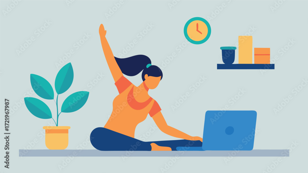 Obraz premium a-woman-stretches-at-her-desk-in-a-sunlit-room--he (1).eps