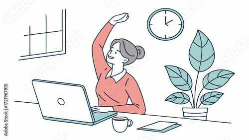 Illustration of a woman stretching at her desk with a laptop, plant, and clock, isolated on white background