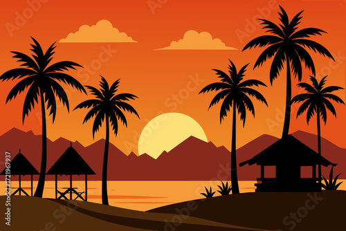 Tropical beach sunset with palm trees and huts overlooking the ocean