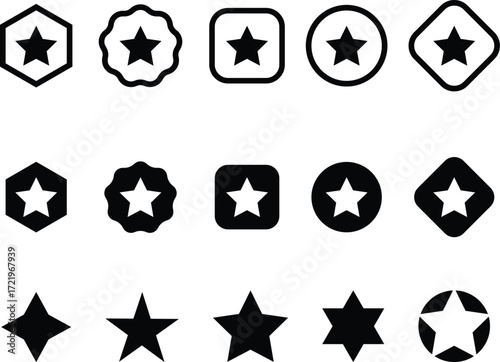 This vector collection of modern star and badge icons in various geometric shapes is perfect for ratings, favorites, or awards.