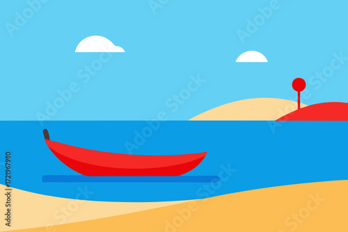 Stylized red boat floats on blue water near sandy beach and island