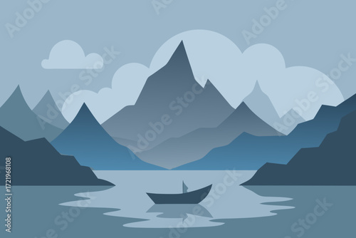 Serene minimalist landscape with a lone boat on a calm lake and distant mountains