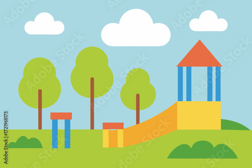 Colorful cartoon playground with slide trees and clouds on a bright day