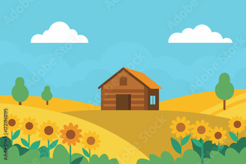 Charming wooden cabin nestled in a sunny field of sunflowers under a blue sky