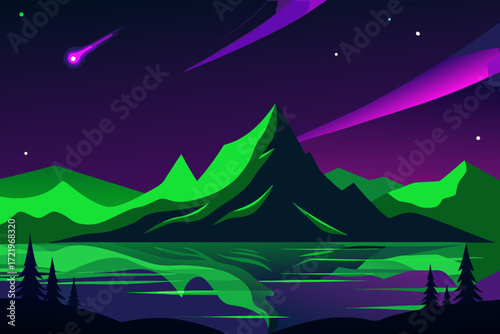 Vibrant green aurora borealis reflects on calm lake with mountains and shooting stars
